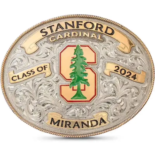 Sport a classic and elegant look with the Diploma Belt Buckle. This buckle is crafted on a hand-engraved German Silver base, detailed with a Jewelers Bronze rope edge, banners, and lettering. Personalize this unique design with your custom logo or school 